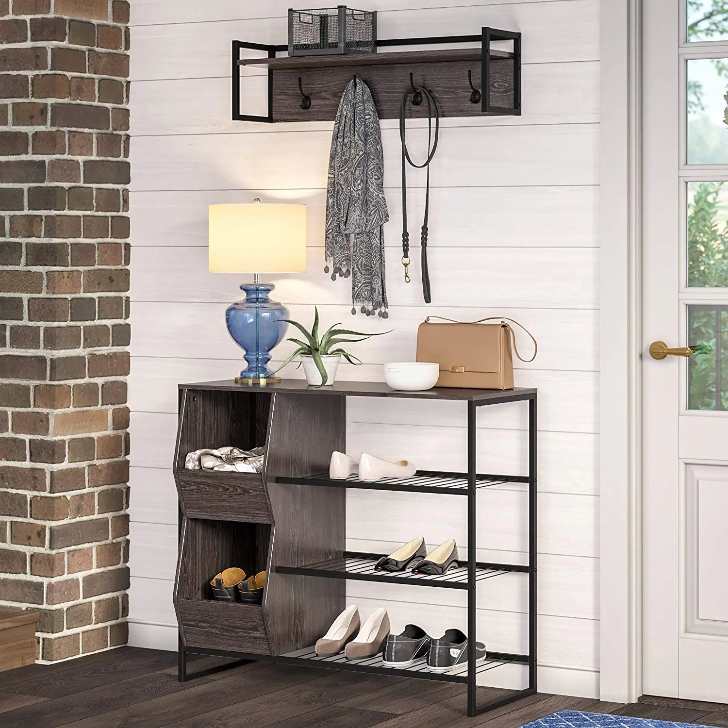 Combohome Entryway 4-Hook Metal Frame Wall Shelf Bathroom Wall Rack Wooden Clothing Shelves Bedroom Coat Rack