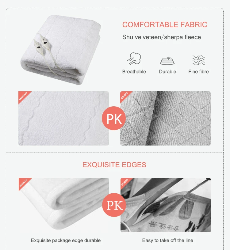 Shu velveteen sherpa fleece 8 hours auto off comfortable electric heated mattress pad blanket