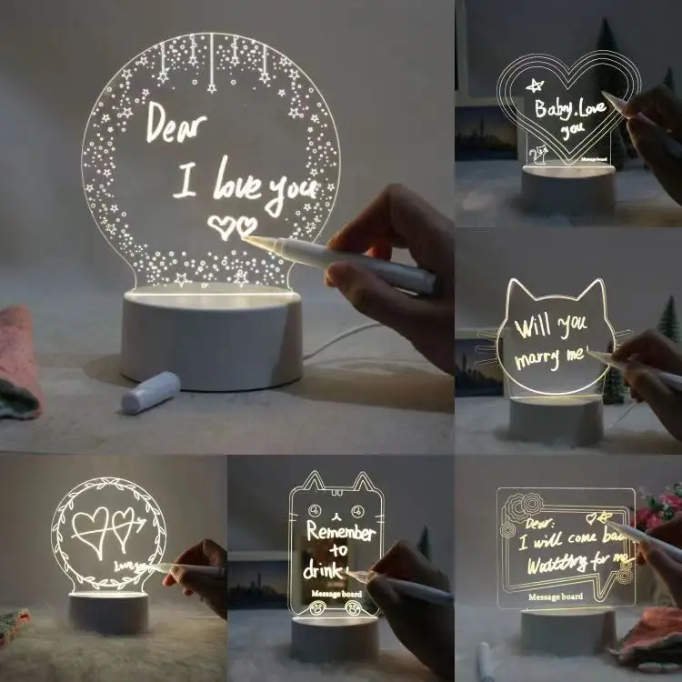 Low MOQ Custom Creative 3D LED Colorful Night Light Acrylic Note Board Usb Message Board Lamp With Pen