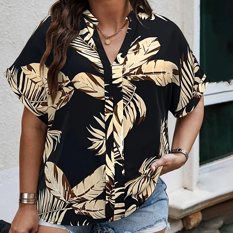 Plus Size Tropical Print Blouse blusas e camisas femininas Summer Beach Women Elegant Batwing Sleeve Notched Neck Top