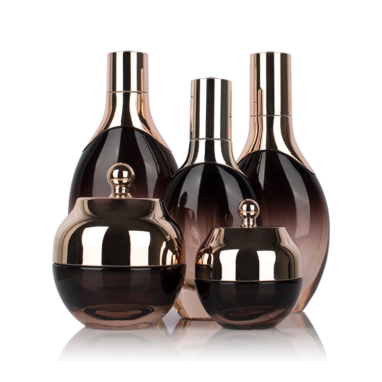 Unique Luxury Cosmetic bottles 120ml 100ml 50ml 30g Jar and Lotion Bottles black Cosmetic Glass Bottle Set