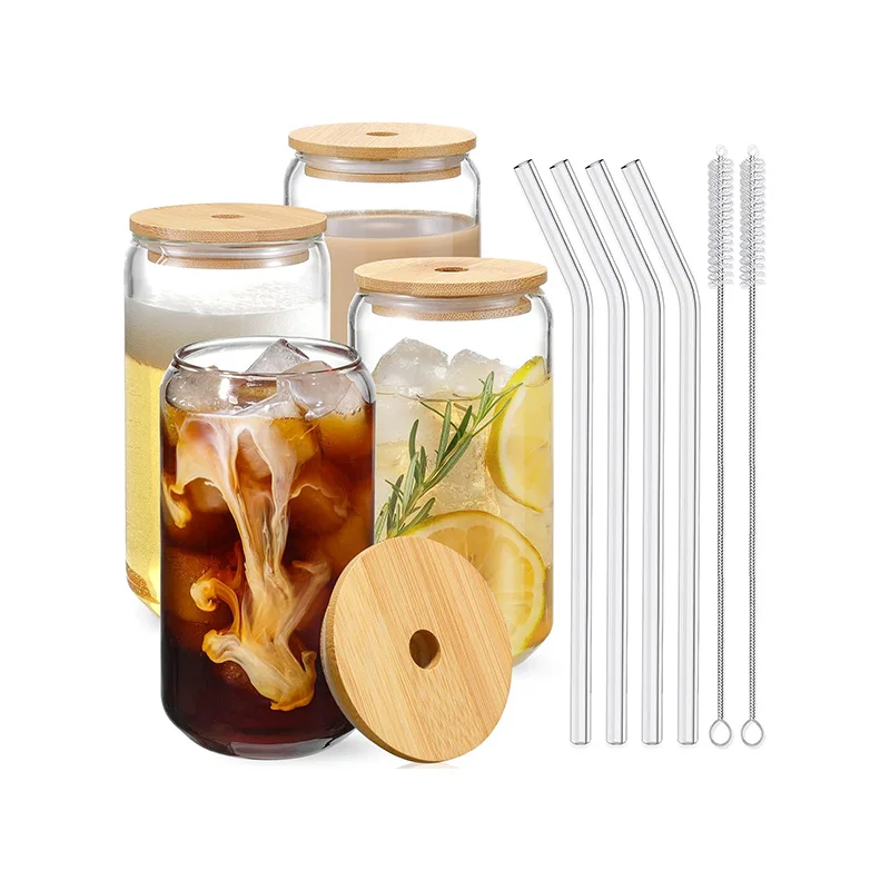 Прозрачные кружки из боросиликатного стекла, чашка для холодных напитков, чашка для холодных напитков с бамбуковой крышкой и соломой, чашка содовой на 16 унций с крышкой и соломой