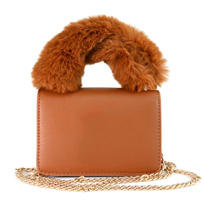 2021 new design matching ny fur purse and hat set Chain Fur Handle warm women purses and handbags ladies  Handbags