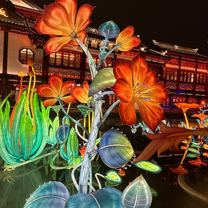 Art Show Lantern Park Decorative Zigong Artificial Chinese Silk Waterproof Lotus Outdoor Theme