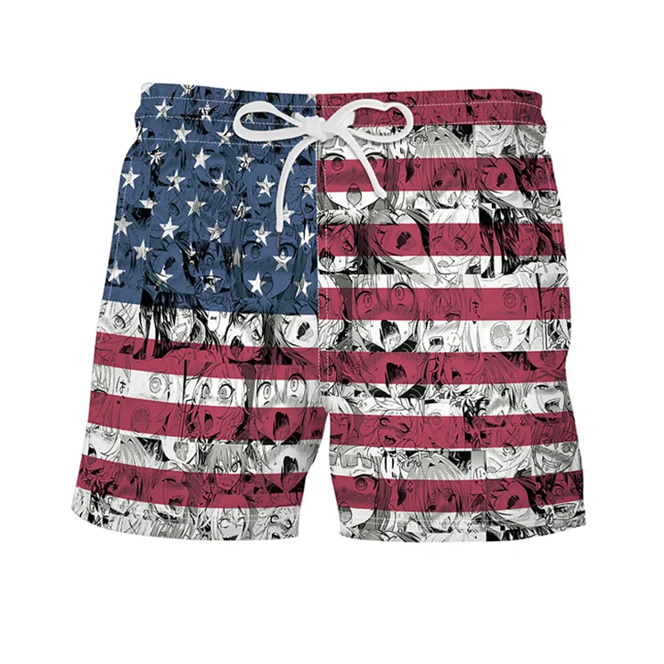 American Flag Summer Men Swimming Polyester Beach Shorts Custom Logo Plus Size Loose Sports Surf Shorts