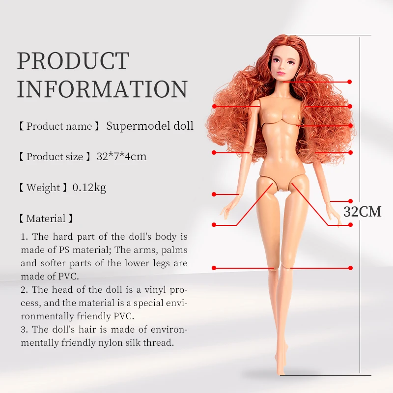New Arrival 32 cm supermodel doll toy body with head doll model 12 joint naked baby