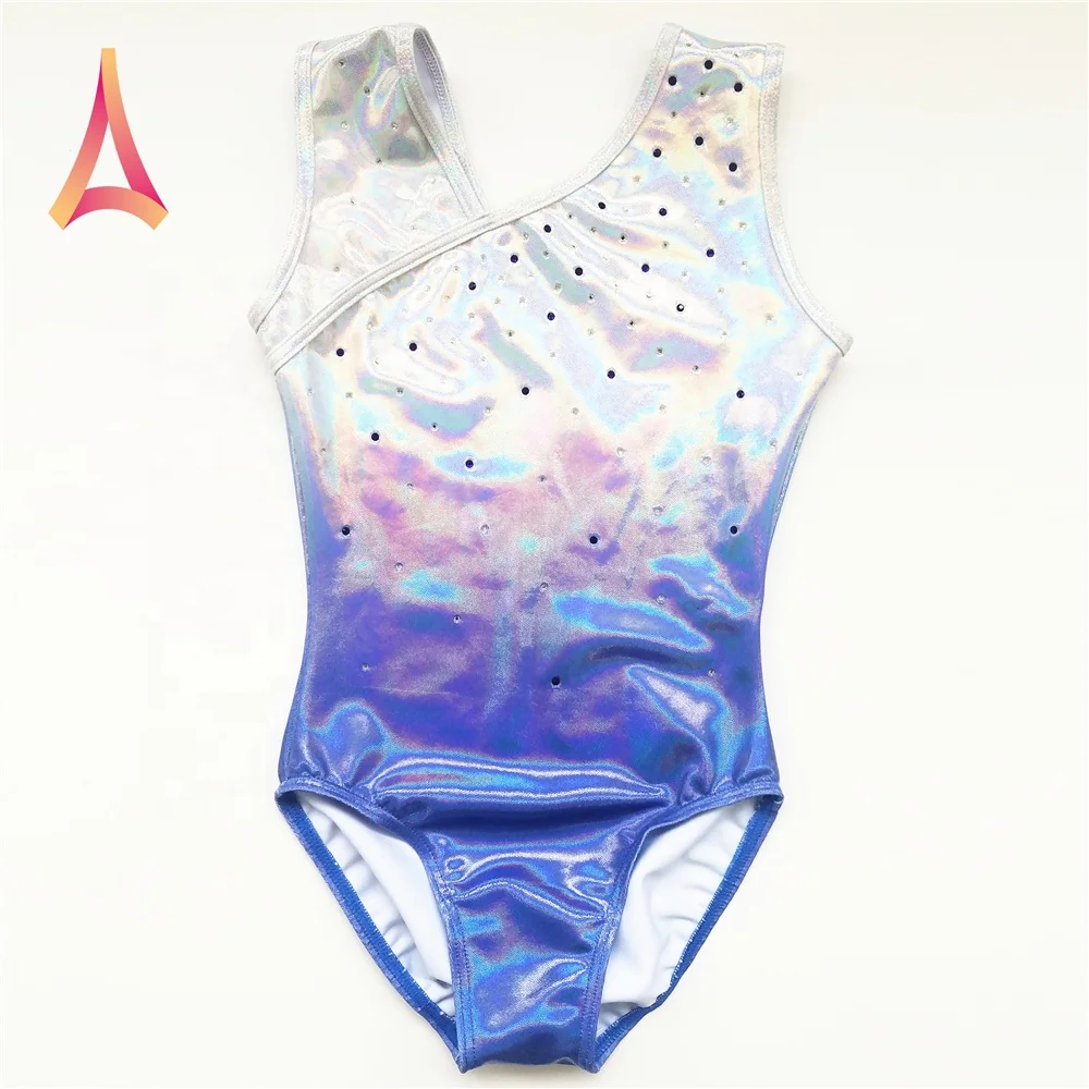 Asymmetric Bias Neckline Shiny White Blue Girls Leotard