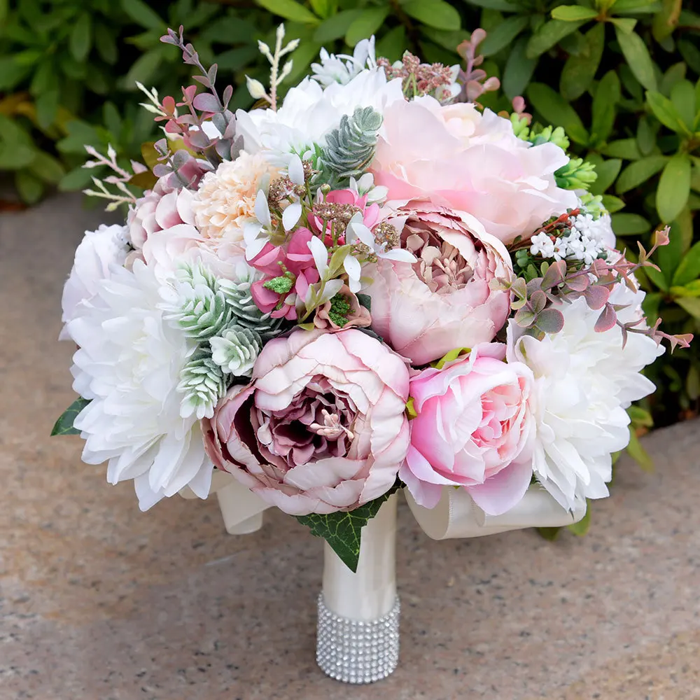 Artificial PE Flower Hand Holding Wedding Rose peony Flower Bouquets Bridal Bouquet Holder Hand flores artificiales Tied Bouquet