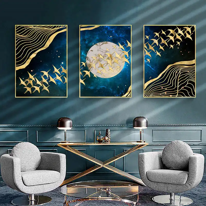 auspicious golden birds moonlight  wall art fine art canvas prints modern pictures for living room dining room bedroom art decor