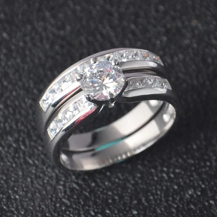 Classic 925 Sterling Silver  Wedding ring sets with AAA Clear Zircon and rhodium plated fine silver Jewelry For Women