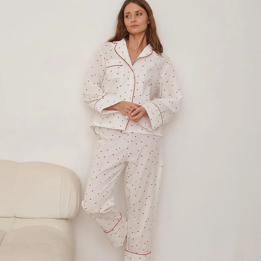 100% Cotton Women Nightie 2 Piece Set Turn-Down Collar Sleepwear Long Sleeve Nightwear Heart Print Loose Female Pajama Suit
