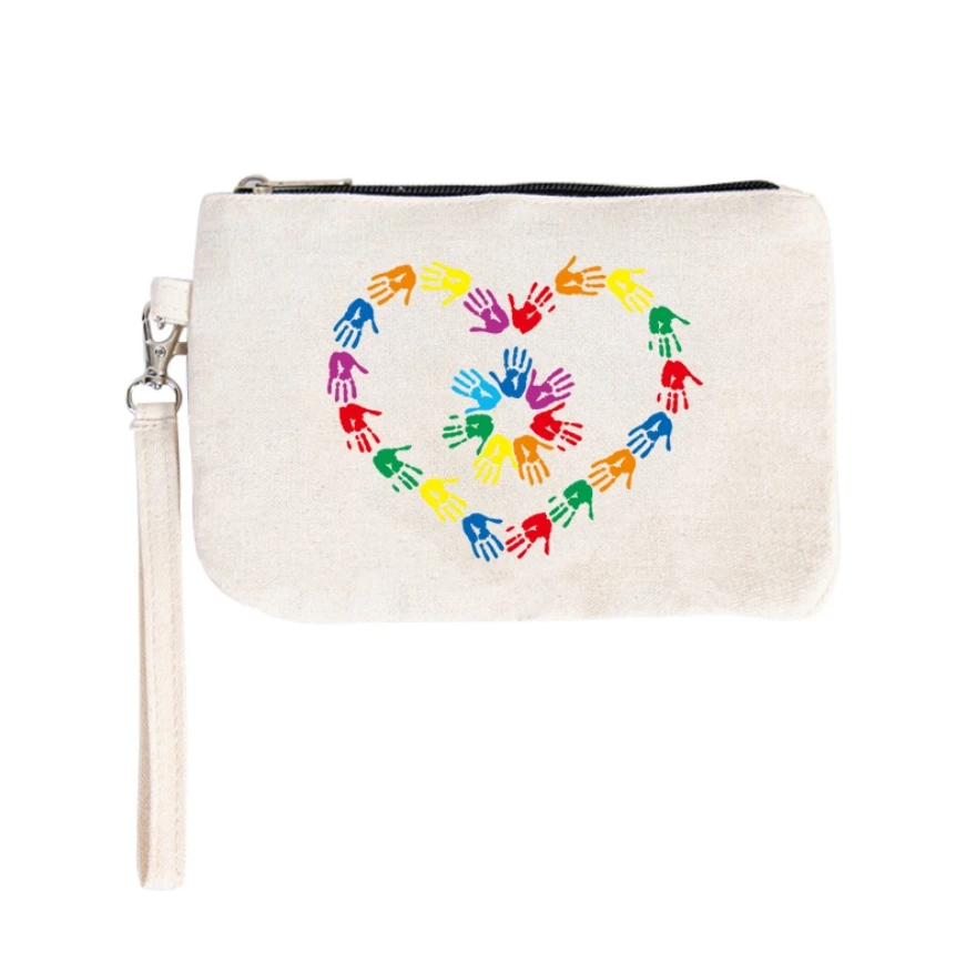 High Quality Waterproof Pouch Portable Canvas Coin Purse Zipper Printed Cosmetic Bags Eco-friendly Cotton Key Bags with Handle