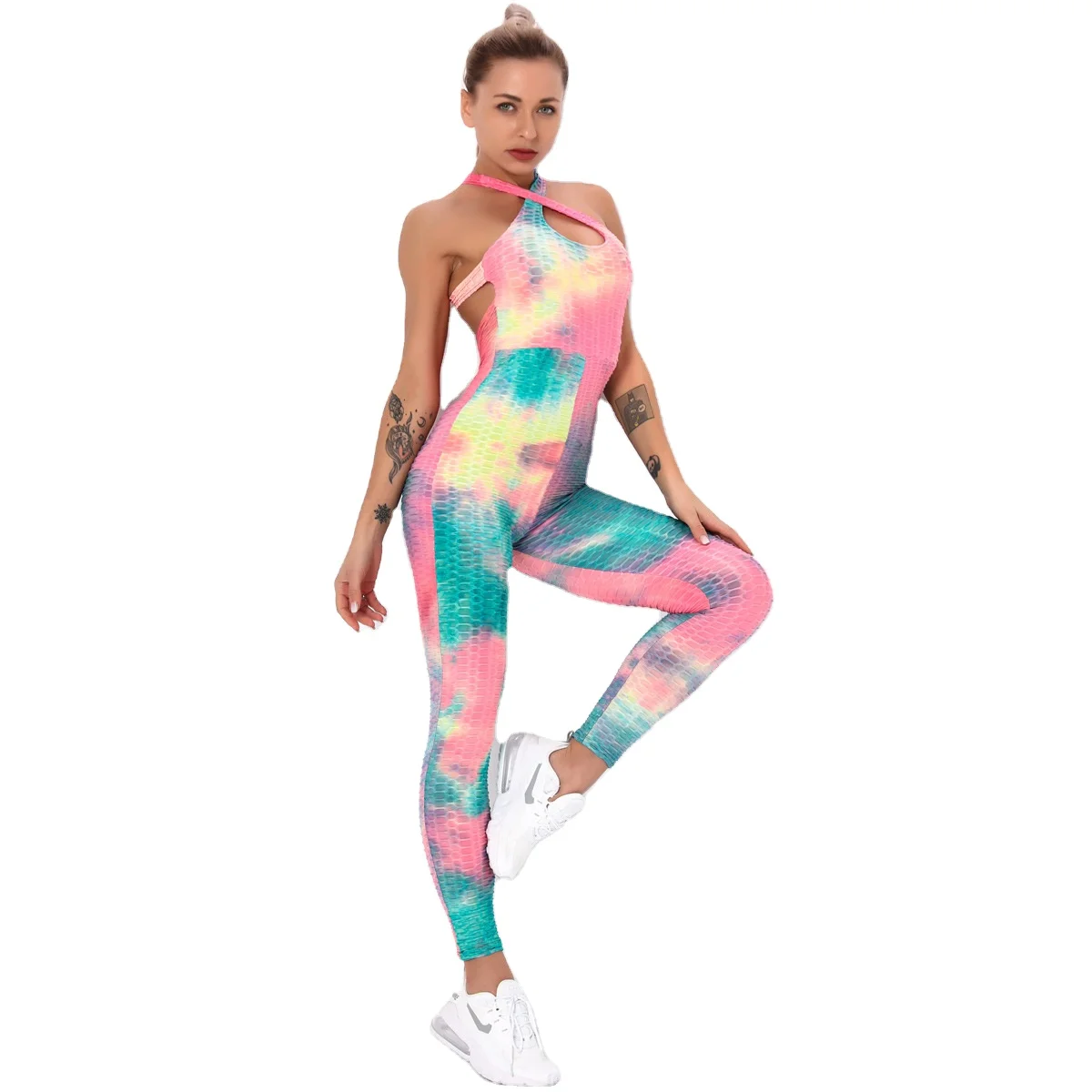
Amazon Hot Stitching Tie-dye Jacquard Bubble Yoga suit Ink Slim Hip-up One-Piece Sling jumpsuit 