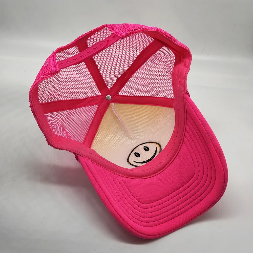 smile happy face logo gorras mesh foam cap embroidery trucker hat custom puff trucker hat