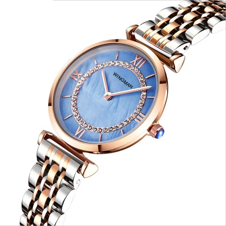 Custom Made Rose Gold PVD Plating SW Diamond Mother of Pearl Watch Dial Quartz Elegant Solid Steel Polish Bracelet Watches