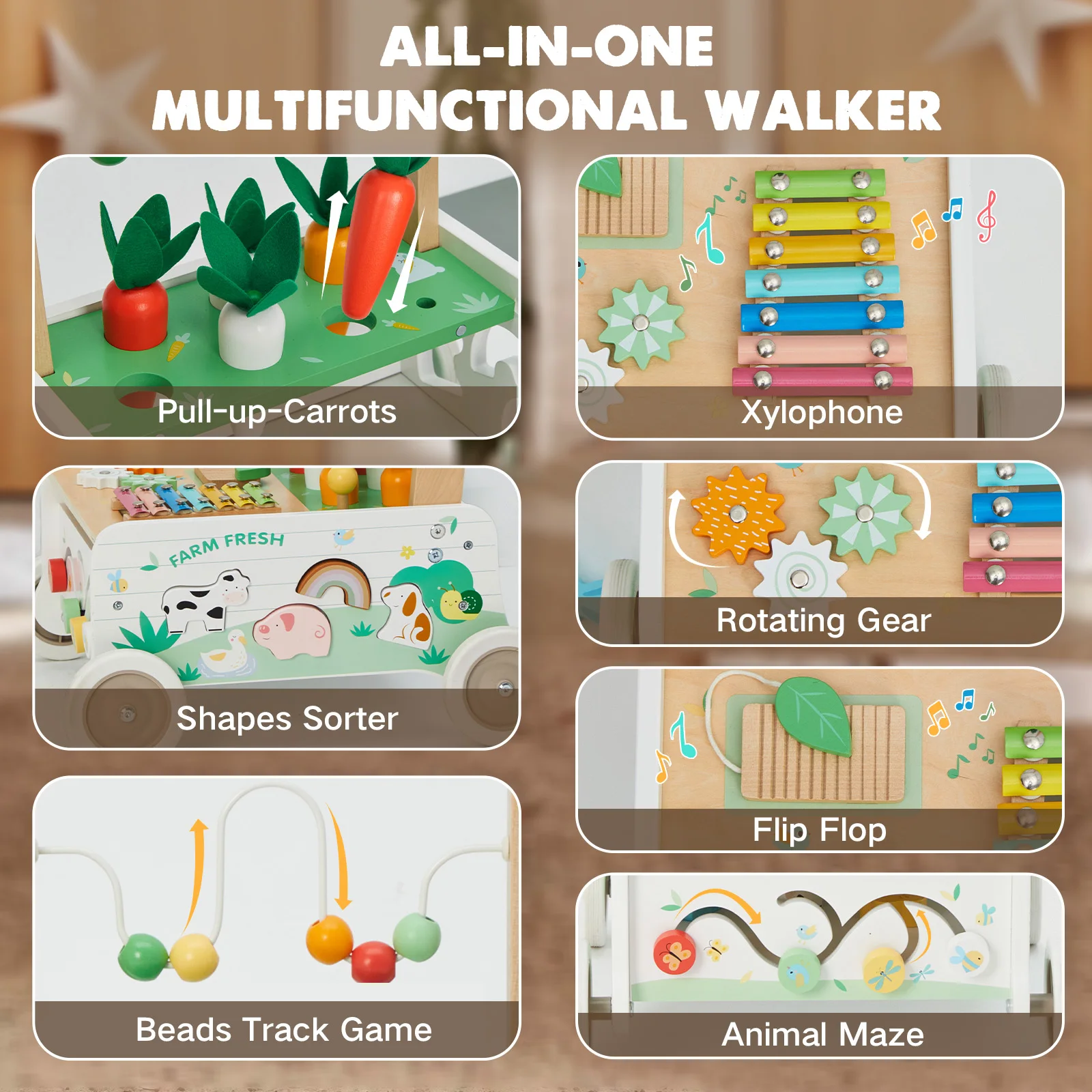 Anti-Rollover Puzzle Shape Paired Toy Wooden Baby Walker Multi-Functional Farm Toddler Stroller For Children