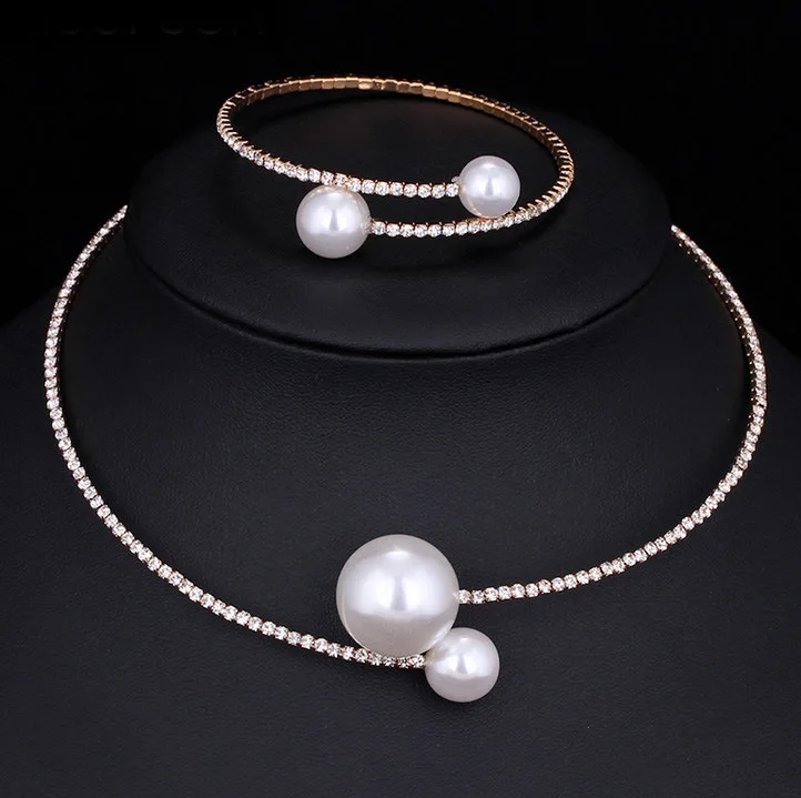 Pearl diamond crystal row diamond adjustable collar necklace bracelet two-piece set bride wedding dress accessories