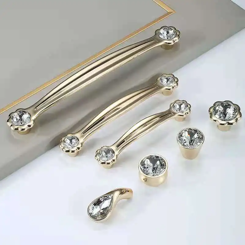 zinc alloy with crystal acrylic plum blossom nice design AB CP PVD gold color customized Drawer Wardrobe kitchen cabinet Handle