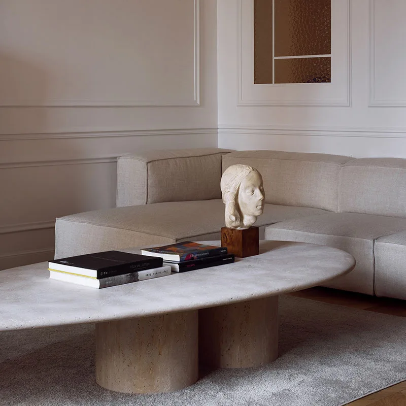 Nordic Modern Italian Style Living Room Stone Travertine Oval Coffee Table