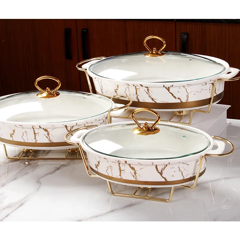 Factory direct sell gold oval shape casserole marble ceramic buffet soup pot with iron stand
