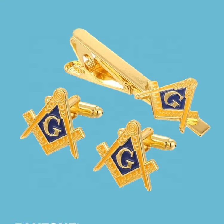 Bulk Masonic Gifts Set Customized Soft Enamel Gold Metal Cufflink and Tie Clip Logo Masonic Cufflinks