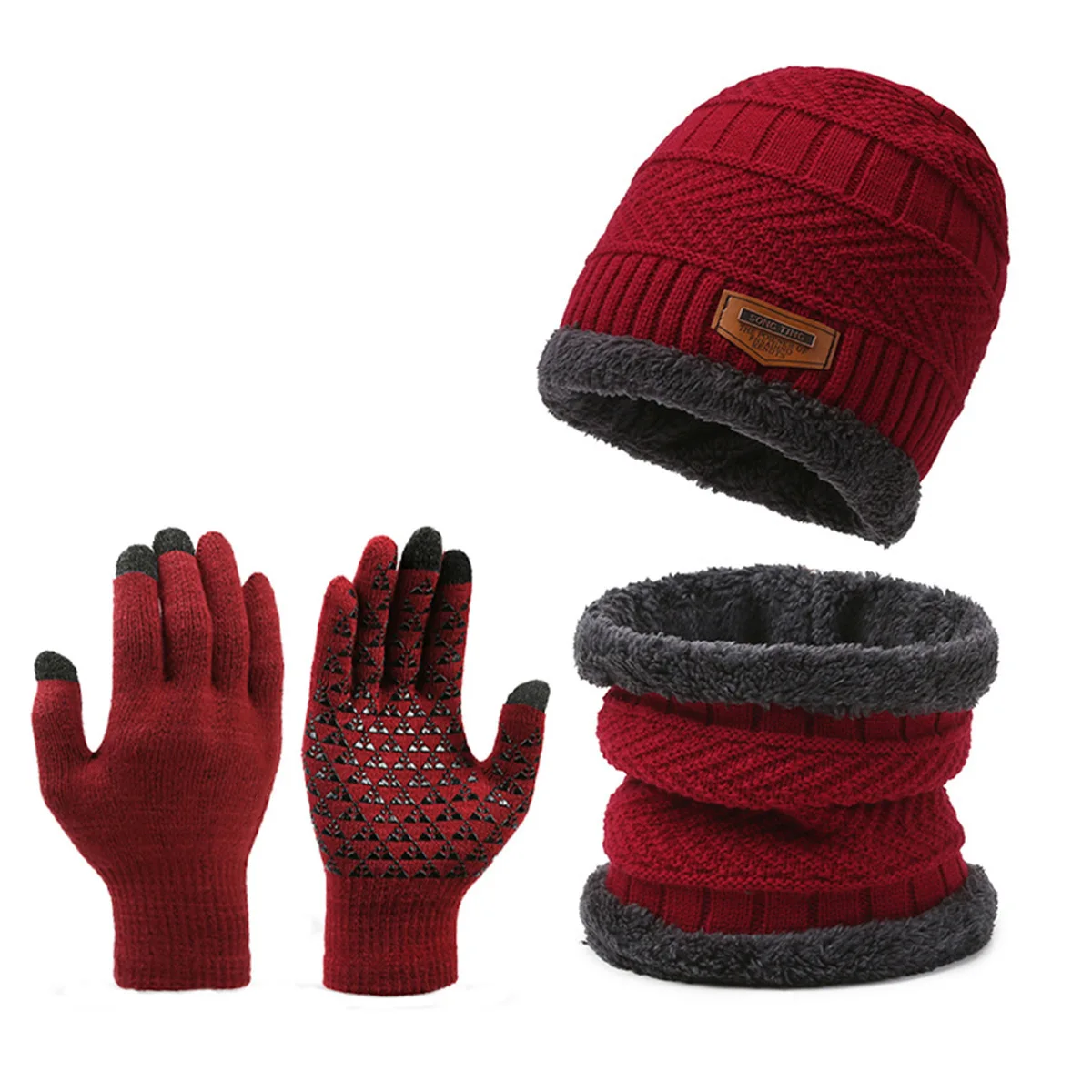 Soft Thicken Wool Ski Hat Men Neck Warm Winter Wool Hat Set Men Beanie Knitted Gloves Scarf Set