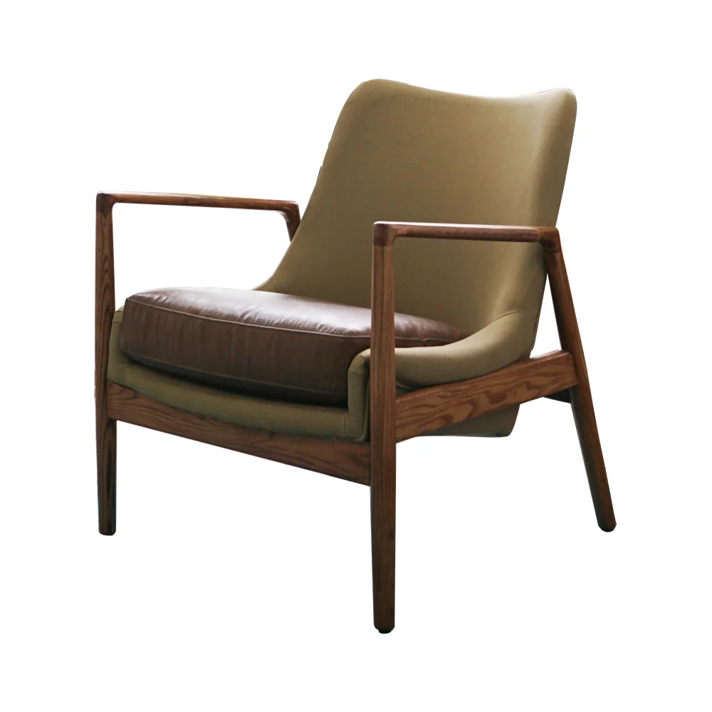 factory wholesale price vintage accent chairs with arms fabric back top grain leather seat wooden slop armchair bedroom clubs