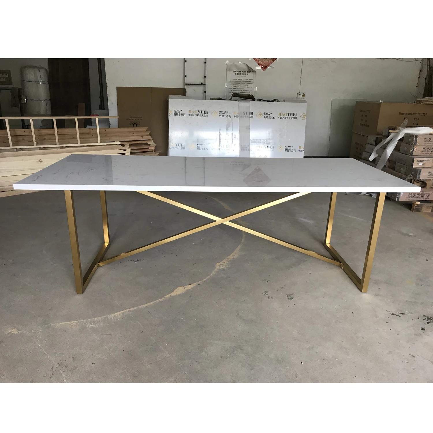 MRS WOODS Reclaimed OAK wood marble trestle dining table white marble top and gold stainless steel frame cross legs dining table