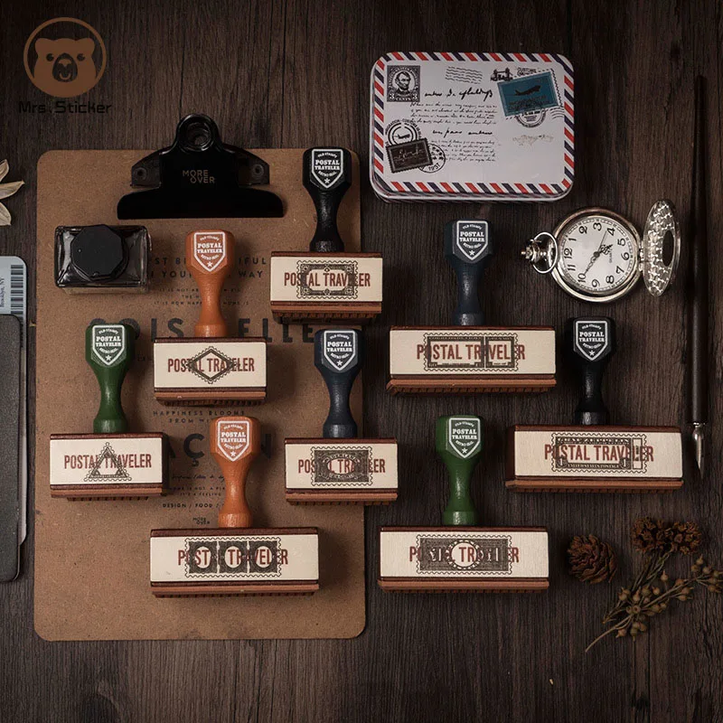 Ephemera Retro Wooden Handle Seals Postal Traveler Vintage Wood Rubber Stamps DIY Planner Handmade Decorative Scrapbooking