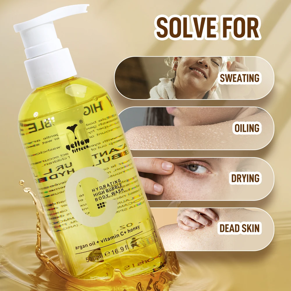 Private Label EU Certificate High Quality Argan Oil Honey Moisture Vitamin C Whitening Anti Aging Bubble Rich Body Wash