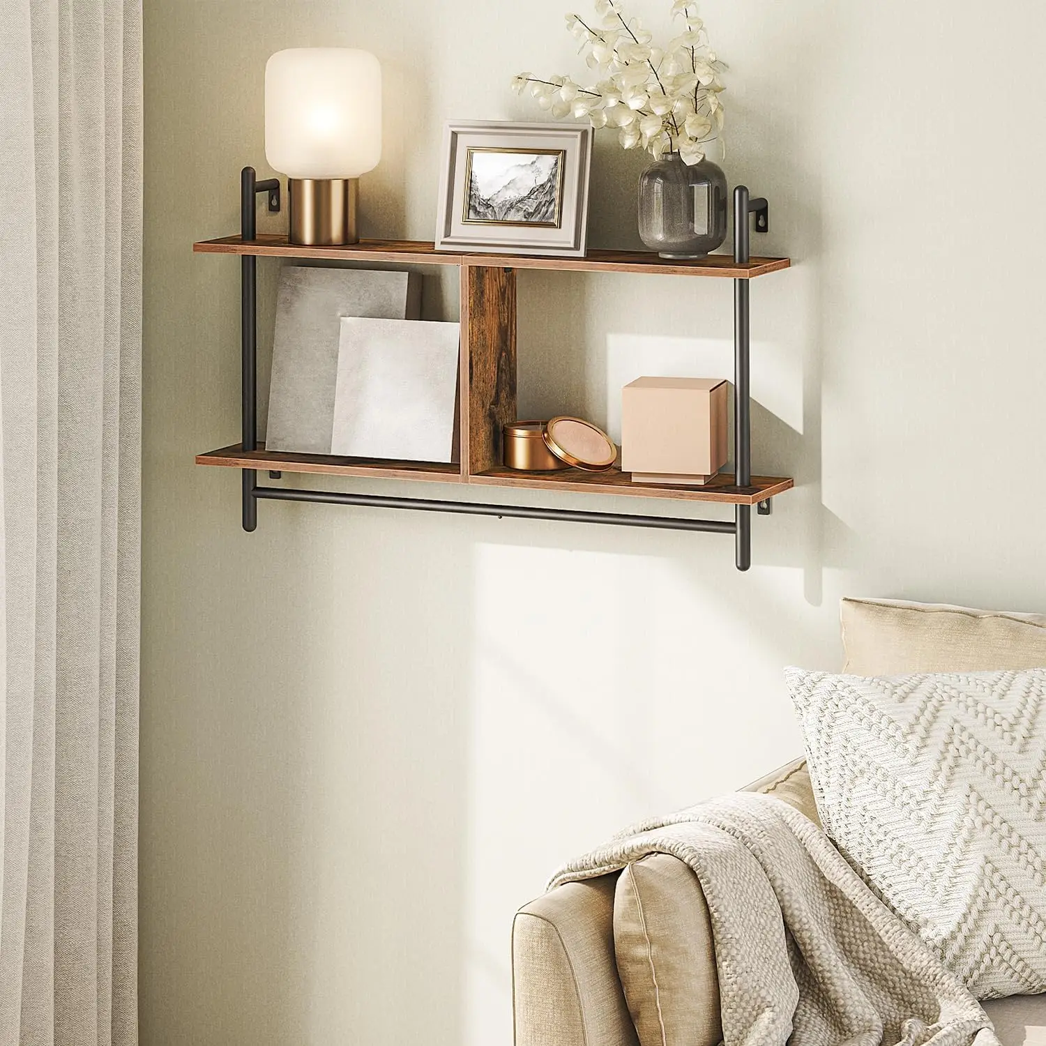 Zhongou Customized Floating Shelves Wooden 2-Tier Storage Wall Shelf Storage Rack with Hanging Rod for Living Room