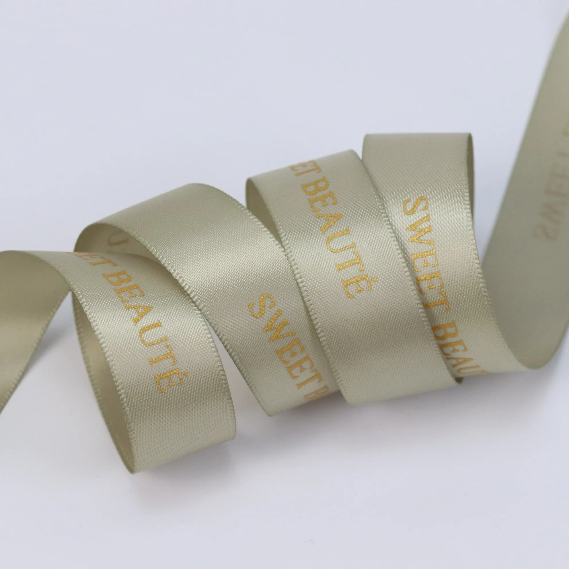 Customized 16mm wide gold ink logo satin ribbon roll for gift wrap