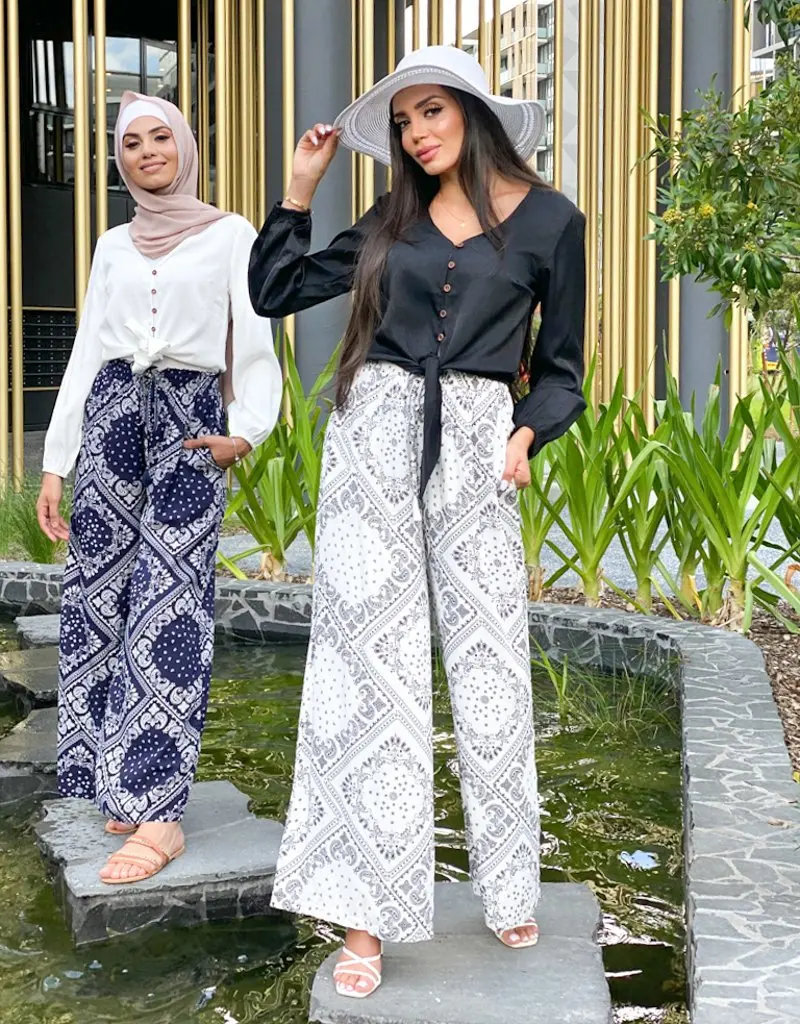 Middle Eastern Arab Ethnic Style Wide-leg Pants Fashion Muslim Women Elegant Summer Floral Trousers