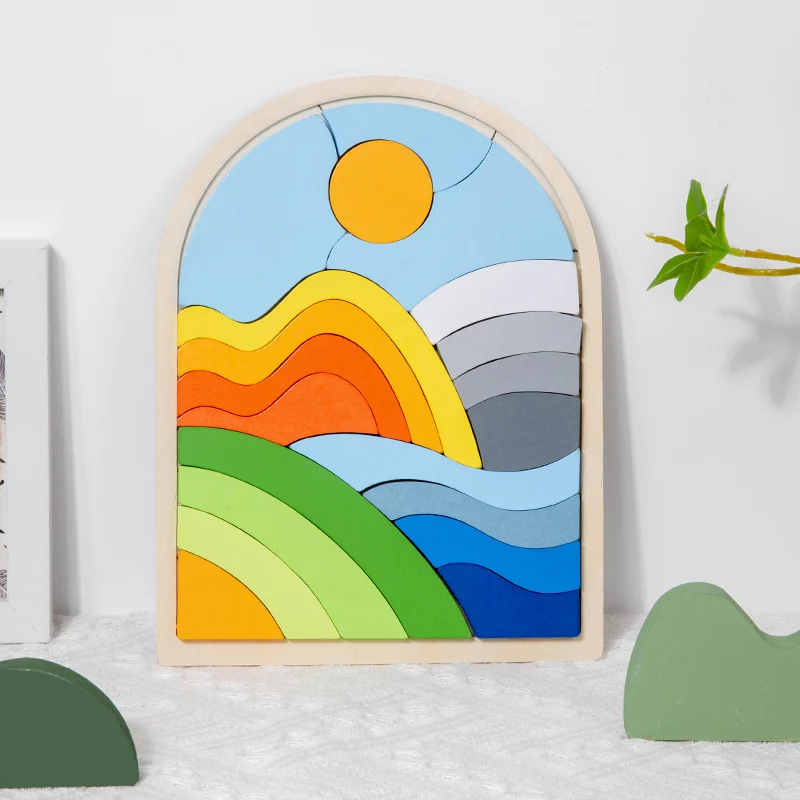 Factory Price Wooden Matching Iridescence Multiple Themes Educational Toy for Unisex Kids Scenery Block Board 3D Jigsaw Puzzle