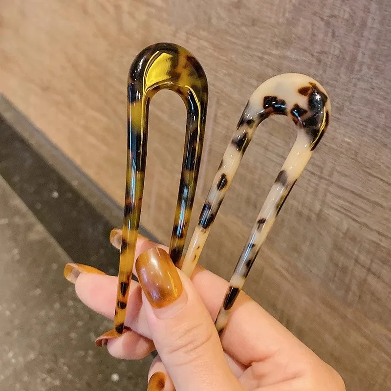 Acetate Tortoise Shell U Shaped Hair Pin Fork 2 Prong Updo Chignon Pin for Women Girls Hairstyle Accessories