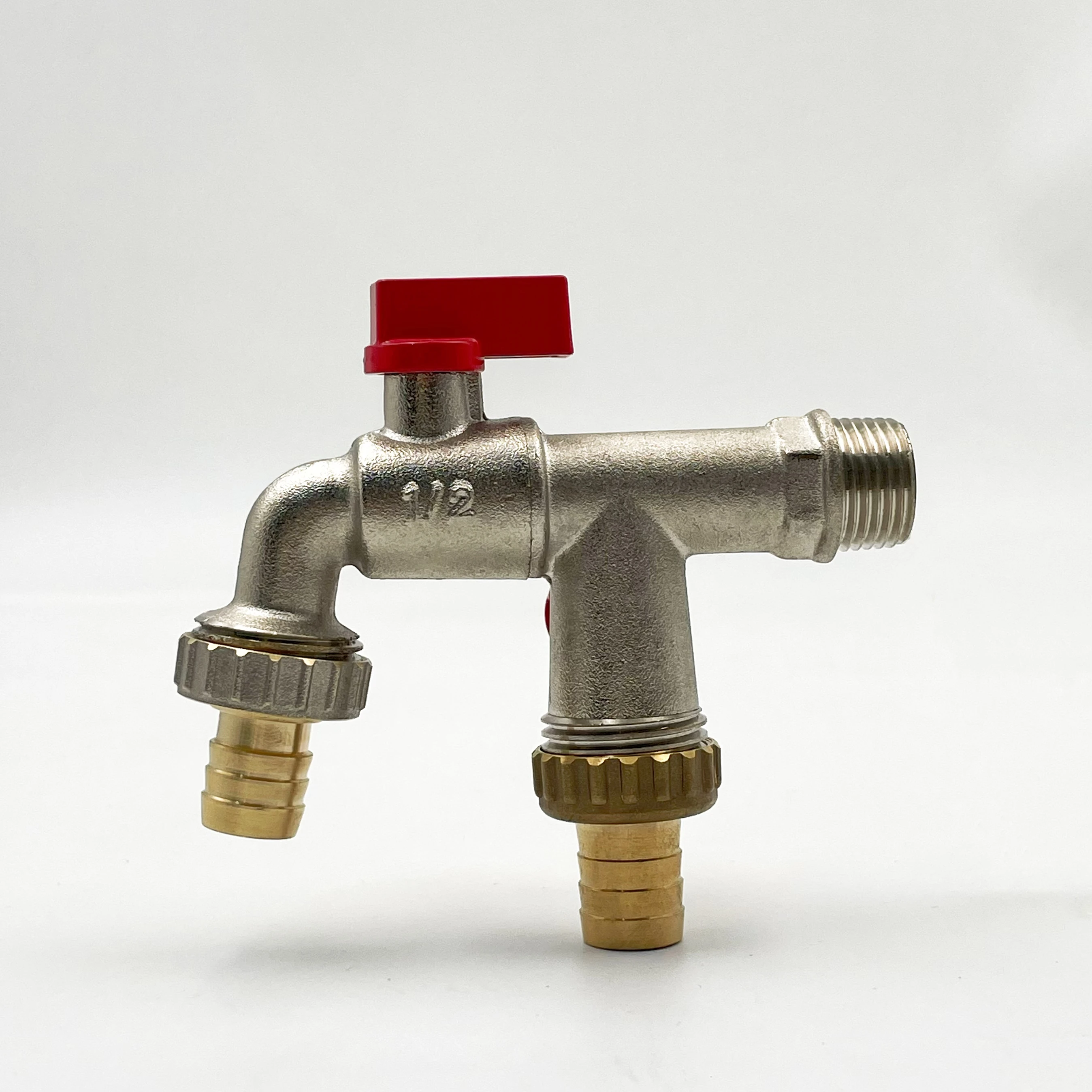 1/2' Brass IBC Bibcock  One Inlet Two Outlets Water Bib Valve Tap Double Nipple Spout Nozzle for Washing Machine Garden