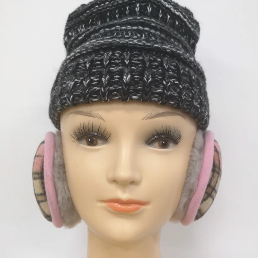 Высококачественные шерстяные меховые наушники в клетку, Зимние теплые наушники