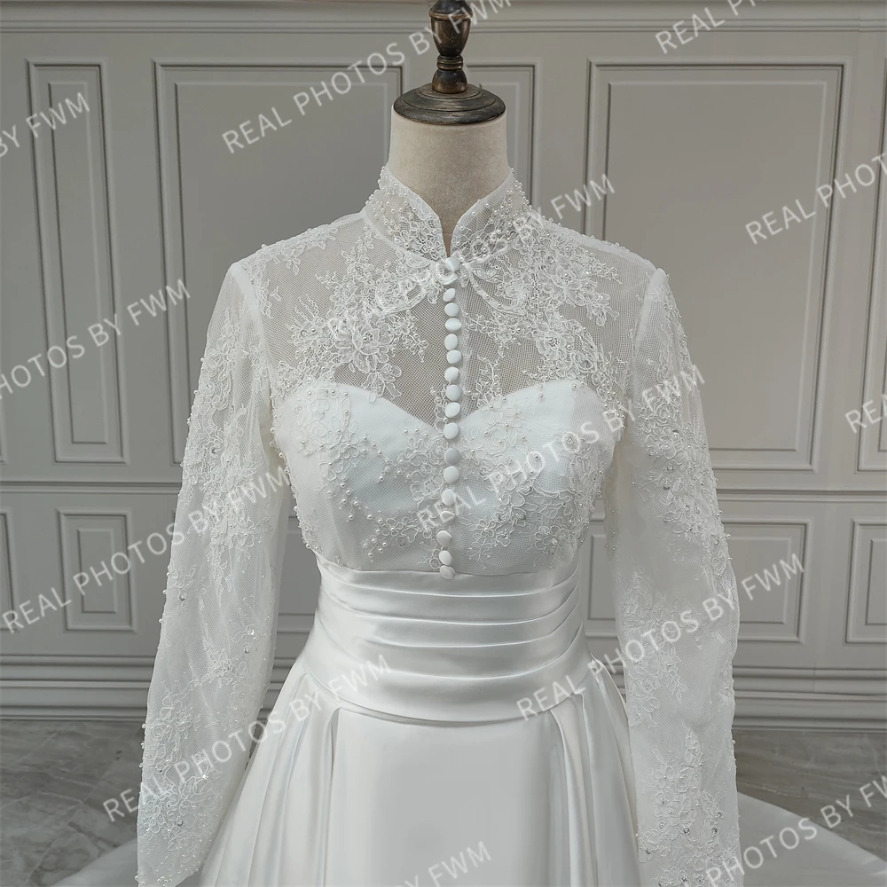 100% Real Photos Muslim Dubai High Neck Long Illusion Sleeves A-line Wedding Dress With Pearls Beaded Lace Bride Gown For Women