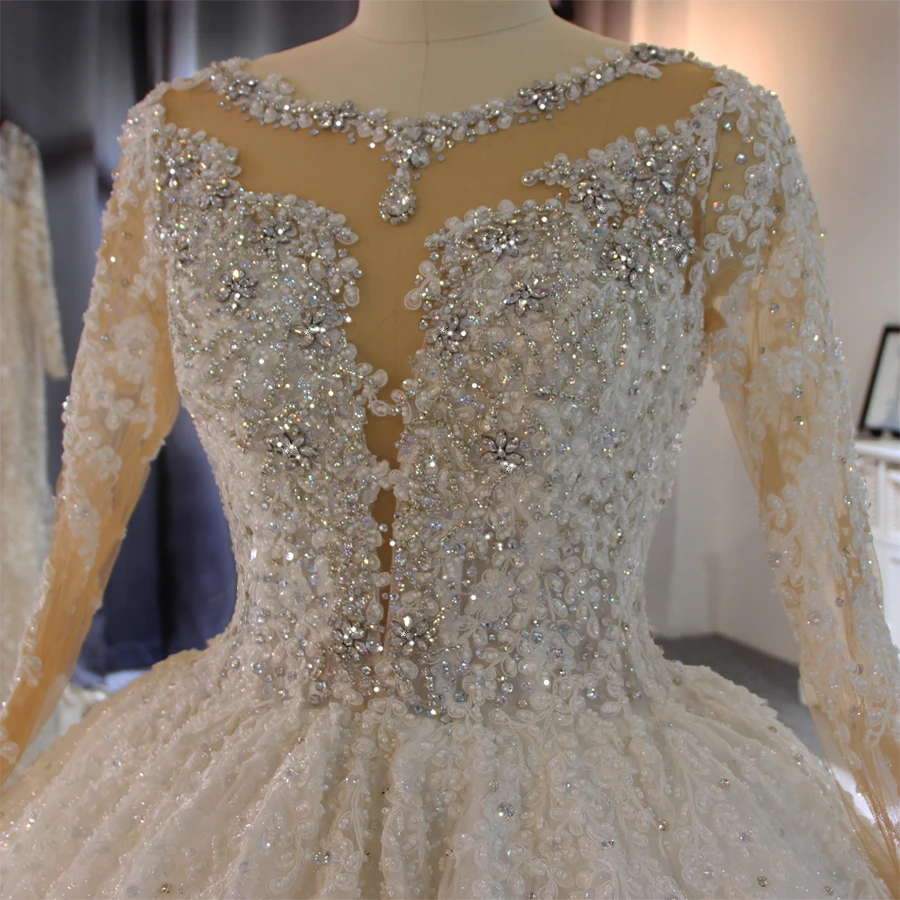 2022 Muslim Wedding Dress Elegant Lace Long Sleeve Sequin Pearl Ladies Prom Dress