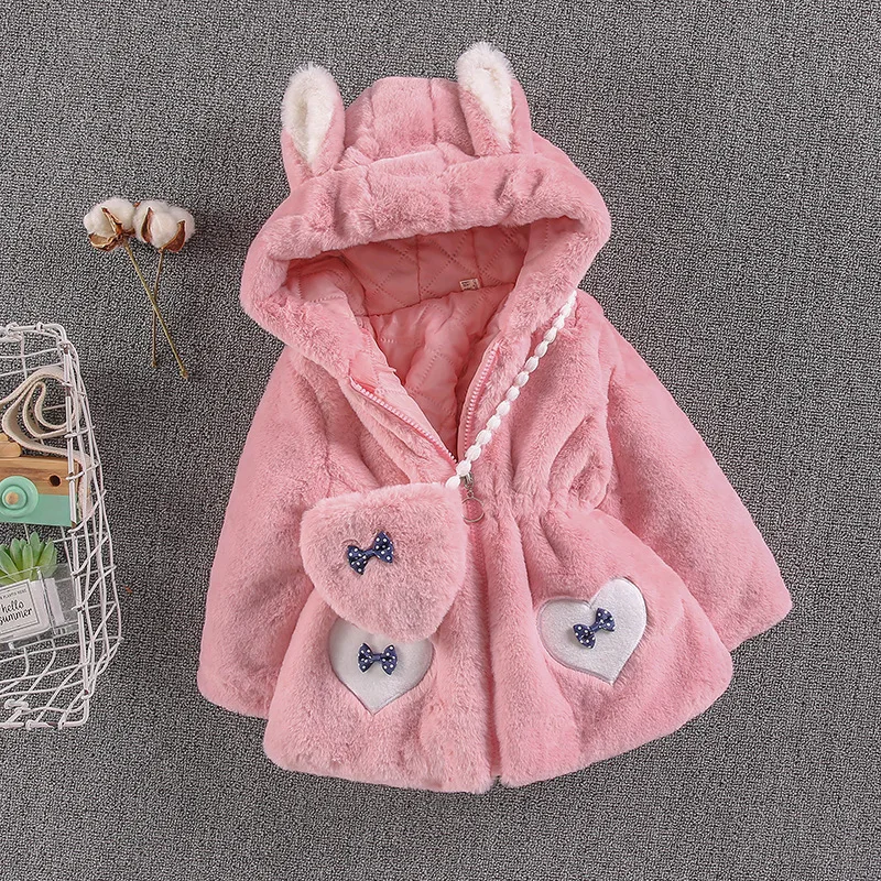 Factory Directly Faux Fur Thickened Children Coat Clothes Cartoon Girls Coat Jacket Winter Warm Hooded Kids Jacket