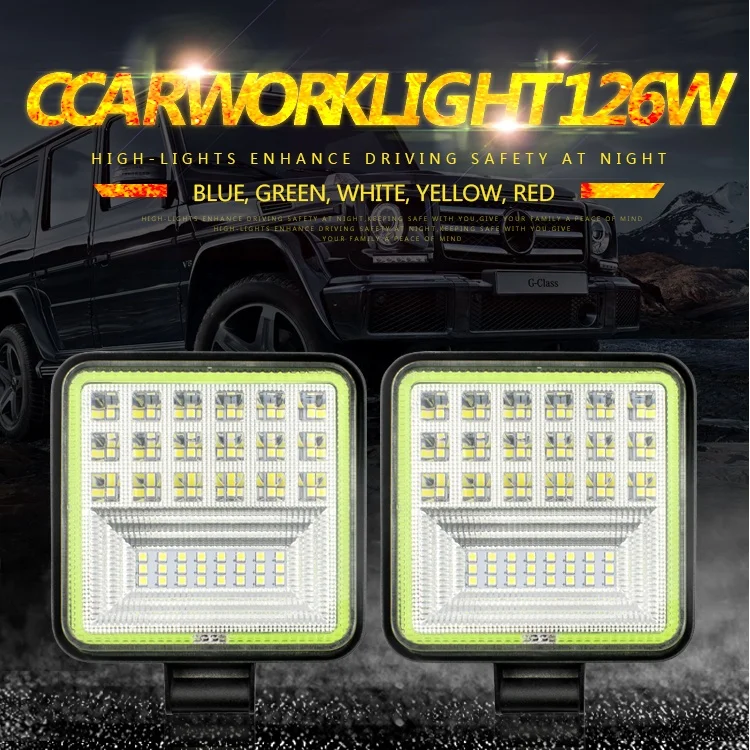 4 Inch Lighting System Flood Beam with Yellow Blue Red Green White ring 126W LED Work Light for Truck ATV SUV Offroad