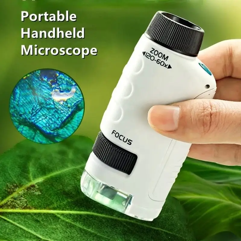STEM Kids Portable 60-120X Zoom LED Lighted Pocket Microscope Toy for Kids 8-12 Gift