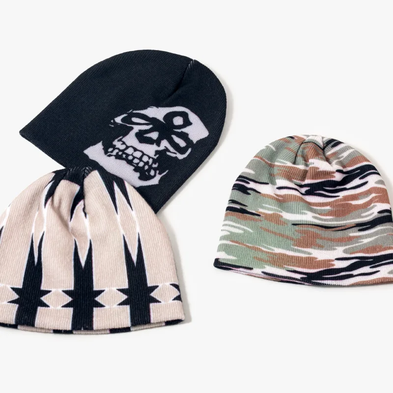Custom Logo Sublimation All Over Digital Full Puff Print Winter Warm Knitted Cuffed Printed Beanie Hat