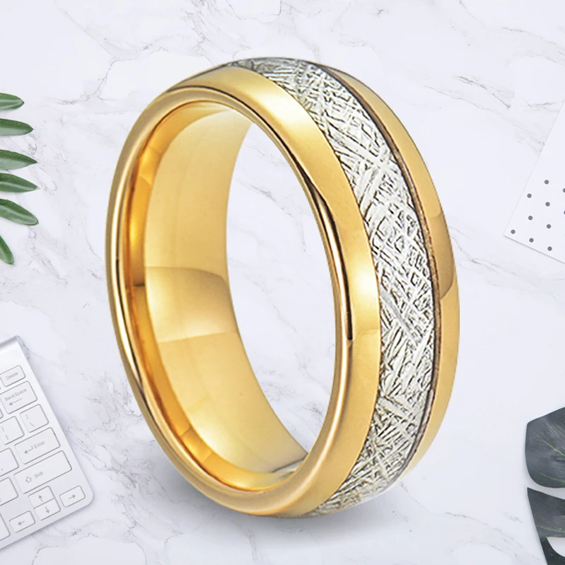 8mm Imitated Meteorite Carbon Fiber Inlay Engagement Wedding Jewelry High Polished Comfort Fit Tungsten Carbide Ring for Men