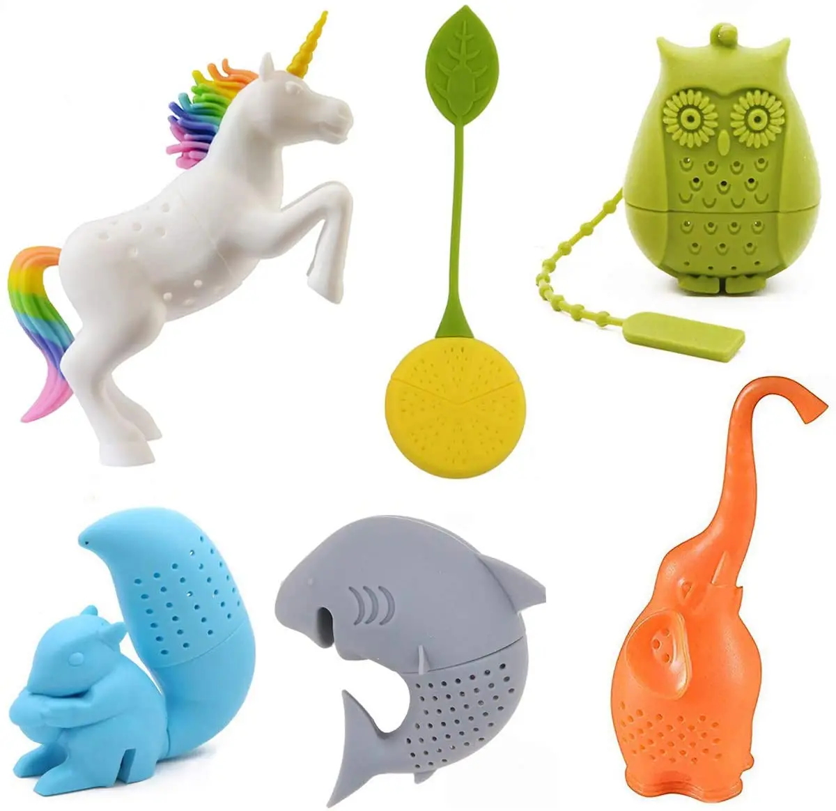 6 Creative Animal Tea Strainer Cute Tea Filter Includes Unicorn Owl Elephant Shark Squirrel Lemon Silicone Tea Infuser Set