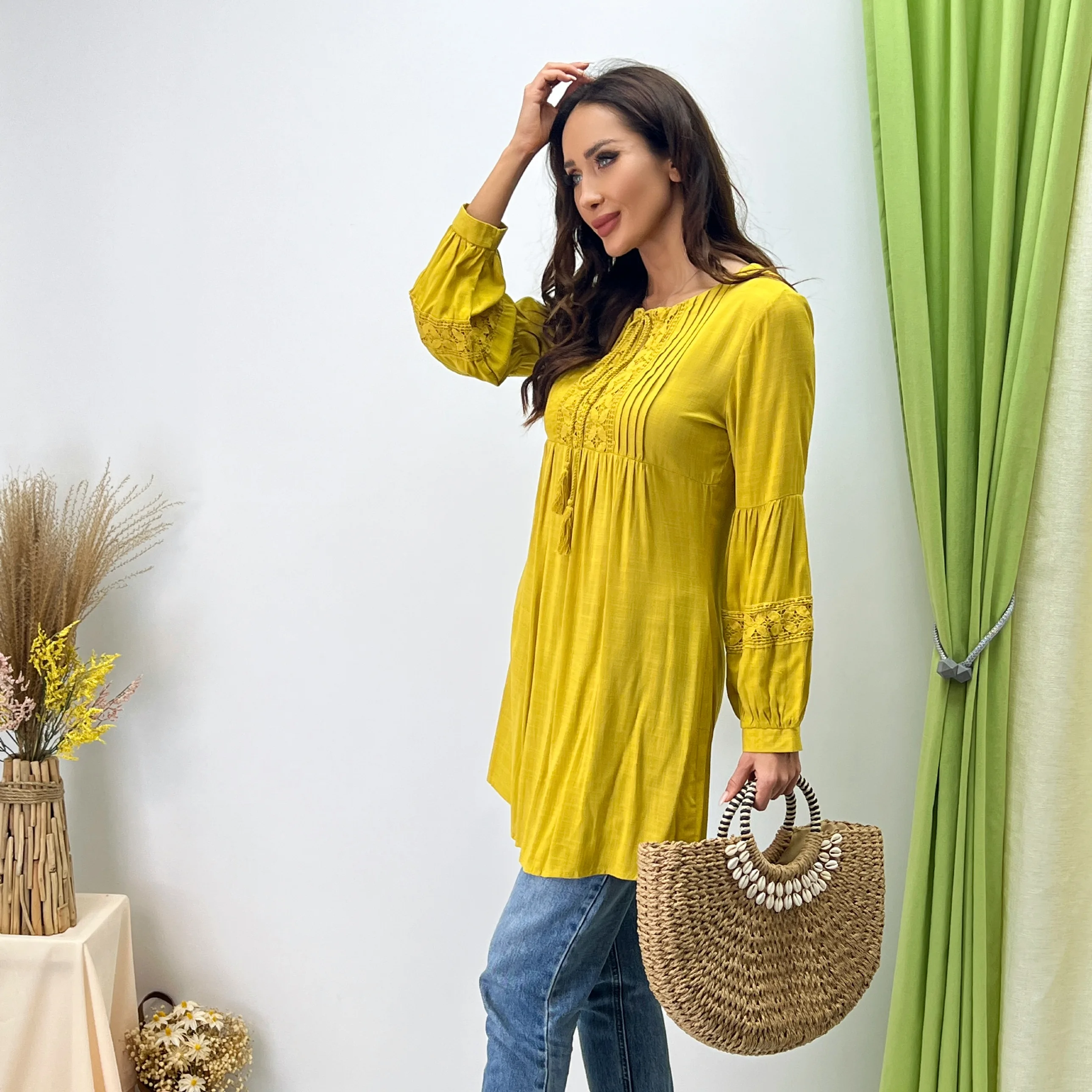 Solid color Cotton mid length skirt round neck lace embroidered fringe autumn elegant lady dress