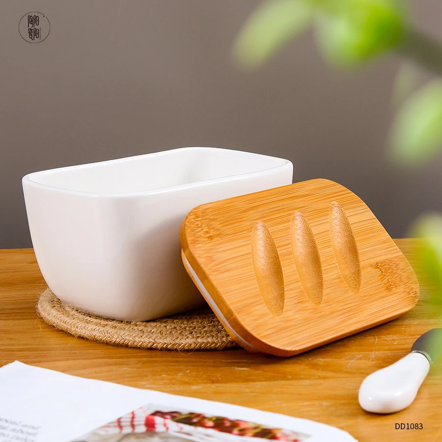 Оптовая продажа белый большой контейнер для масла с покрытием из фарфора прямоугольная керамическая тарелка деревянной крышкой