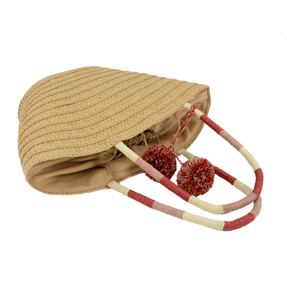 China supplier new design OEM womens straw beach tote bag with pom poms trimming drawstring closure straw tote