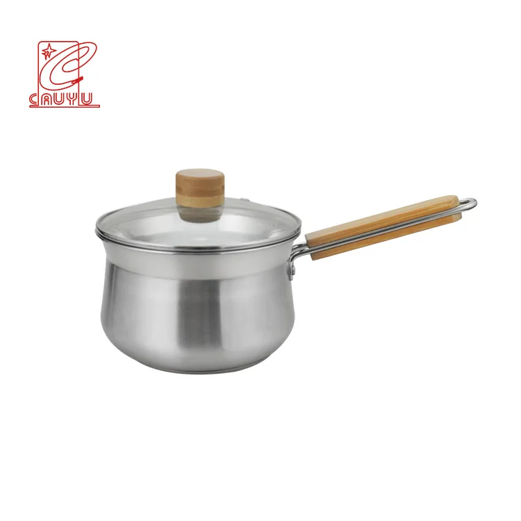 201 stainless steel milk pot 16cm wooden handle customized logo restaurant cooking pot for kitchen