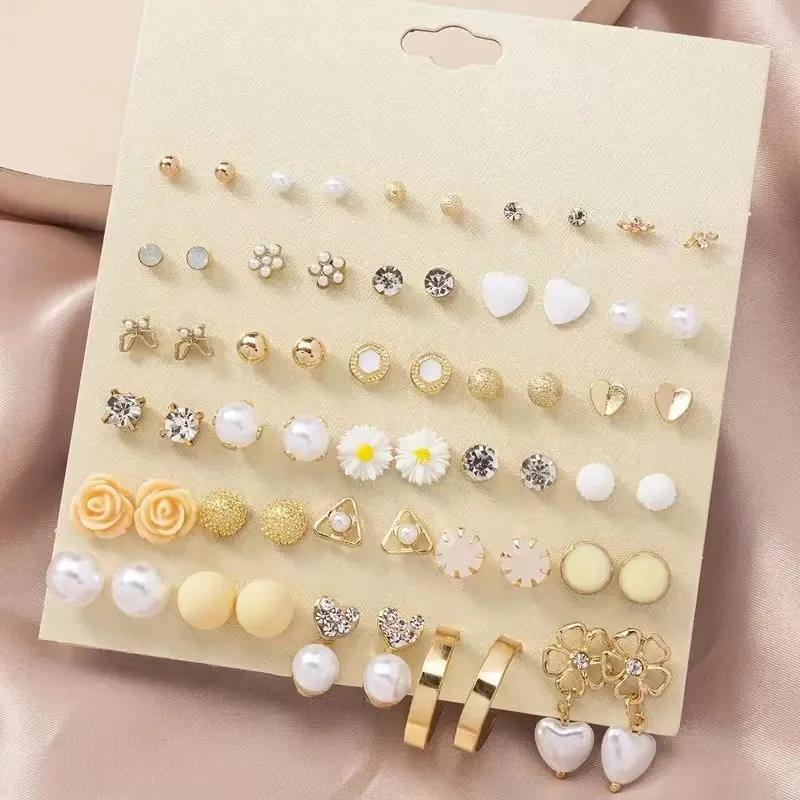 Best Seller New Design Gold-plated Fashionable Jewelry 30-pcs Stud Sets Various Styles Flower Stars Shaped Earring Set for Women